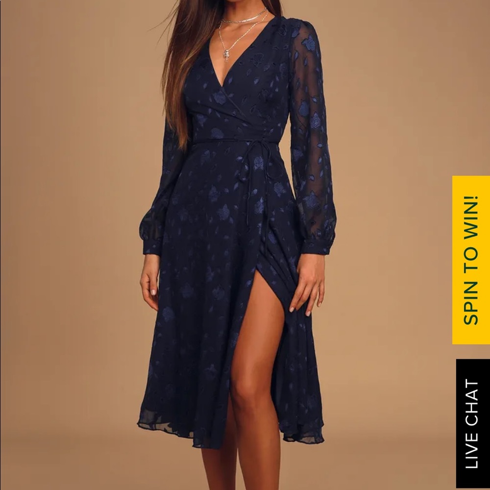 Lulu’s Navy Floral Jacquard Wrap Midi Dress